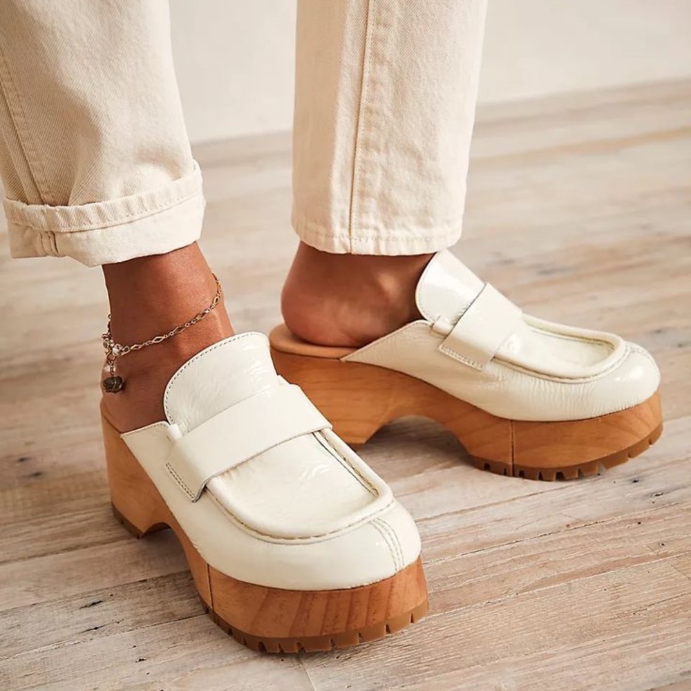 Free People Cream Leather Wooden Platform Mules